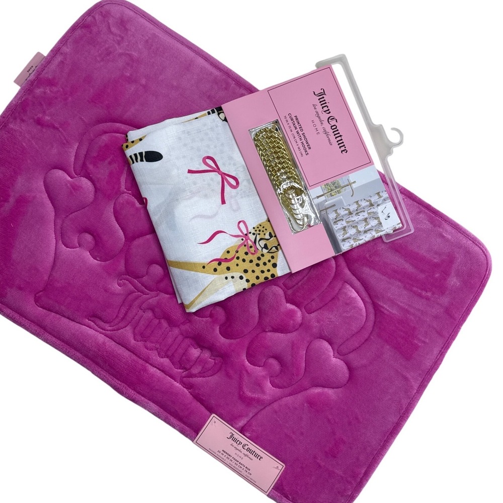 Juicy Couture Home 2pcBath Set Pink Crown Memory Foam Rug Cheetah Shower Curtain